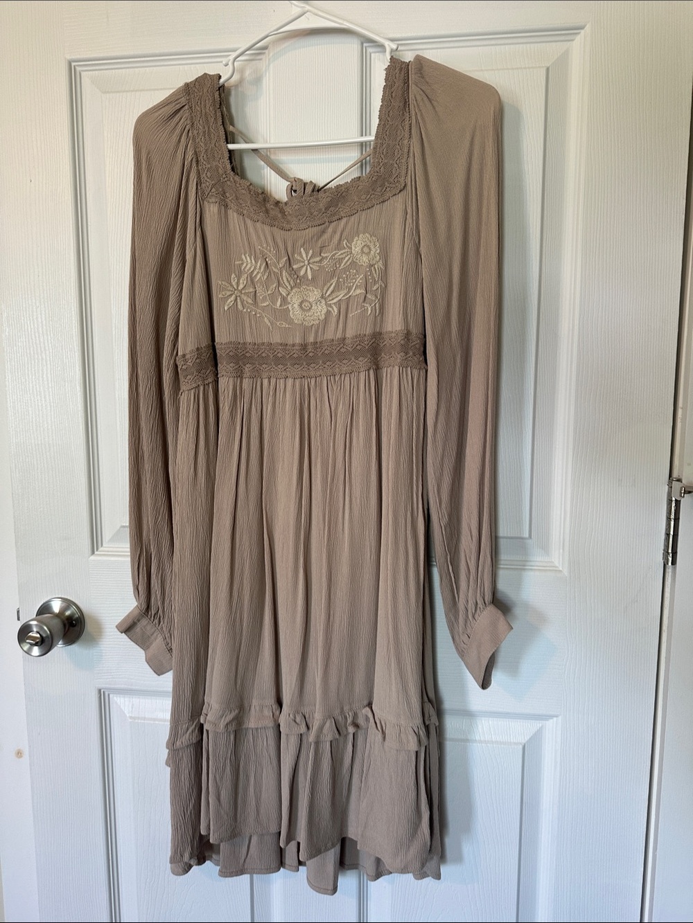 In Bloom Taupe Boho Long Sleeve Embroidered Dress